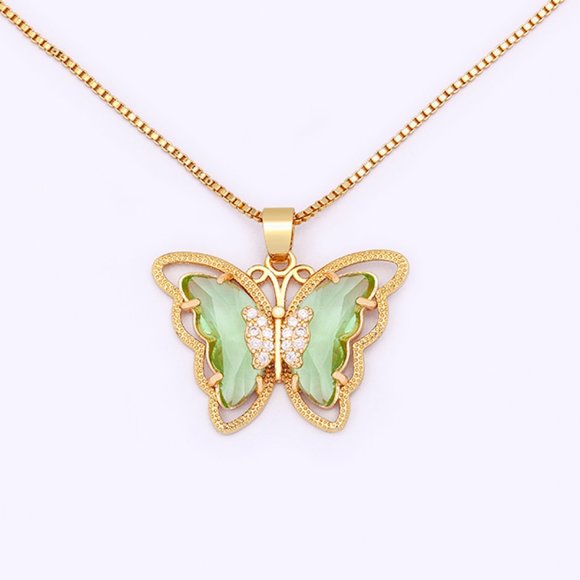 14kt Green Crystal Butterfly Gold Pendant Necklace Chain - Picture 6 of 9